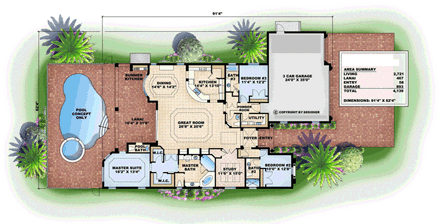 Florida, Mediterranean House Plan 60738 with 3 Beds, 5 Baths, 3 Car Garage First Level Plan
