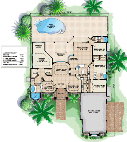Florida, Mediterranean House Plan 60748 with 4 Beds, 3 Baths, 3 Car Garage First Level Plan
