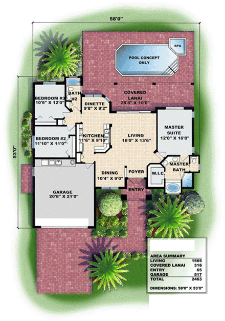 Mediterranean House Plan 60750 with 3 Beds, 2 Baths, 2 Car Garage First Level Plan
