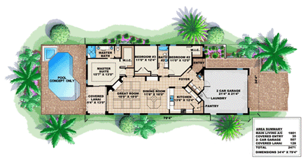 Mediterranean House Plan 60751 with 3 Beds, 2 Baths, 2 Car Garage First Level Plan