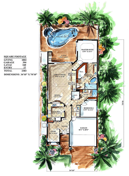 Mediterranean House Plan 60752 with 2 Beds, 2 Baths, 2 Car Garage First Level Plan