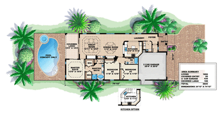 Mediterranean House Plan 60753 with 3 Beds, 2 Baths, 2 Car Garage First Level Plan