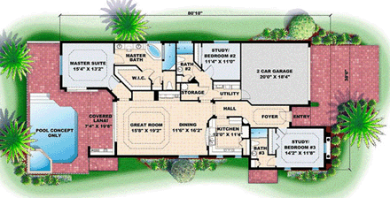 Mediterranean House Plan 60754 with 3 Beds, 3 Baths, 2 Car Garage First Level Plan