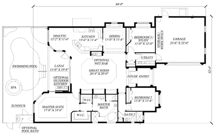 Mediterranean House Plan 60756 with 3 Beds, 2 Baths, 2 Car Garage First Level Plan