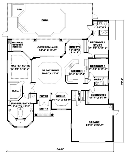 Mediterranean House Plan 60757 with 4 Beds, 3 Baths, 2 Car Garage First Level Plan