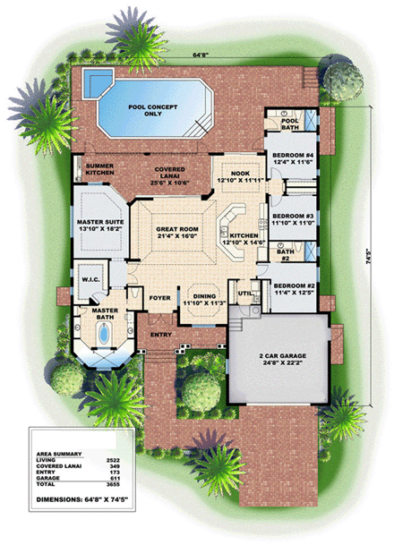 Mediterranean House Plan 60758 with 4 Beds, 3 Baths, 2 Car Garage First Level Plan