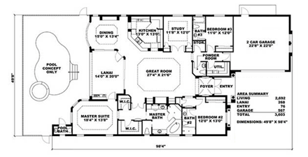 Mediterranean House Plan 60761 with 3 Beds, 4 Baths, 2 Car Garage First Level Plan