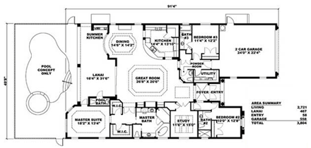 Mediterranean House Plan 60762 with 3 Beds, 4 Baths, 2 Car Garage First Level Plan