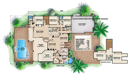 Florida, Mediterranean House Plan 60763 with 6 Beds, 4 Baths, 3 Car Garage First Level Plan