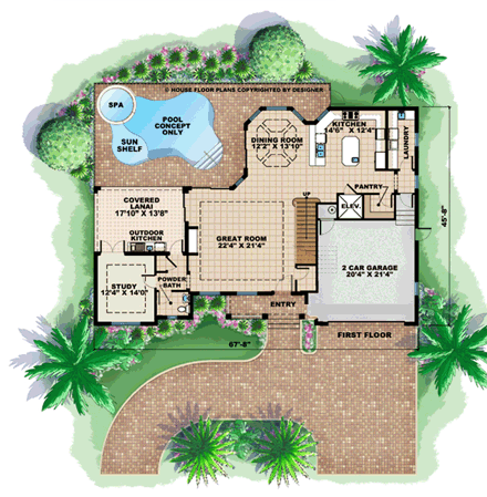 Florida, Mediterranean House Plan 60765 with 3 Beds, 4 Baths, 2 Car Garage First Level Plan