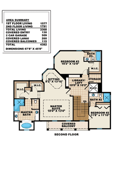 Florida, Mediterranean House Plan 60765 with 3 Beds, 4 Baths, 2 Car Garage Second Level Plan