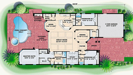 Mediterranean House Plan 60767 with 3 Beds, 3 Baths, 2 Car Garage First Level Plan