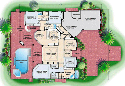 Mediterranean House Plan 60769 with 3 Beds, 3 Baths, 3 Car Garage First Level Plan