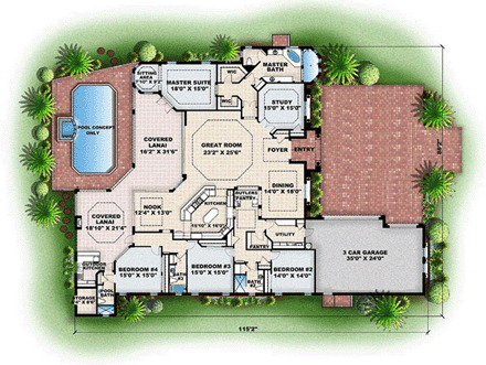 Mediterranean House Plan 60771 with 4 Beds, 4 Baths, 3 Car Garage First Level Plan