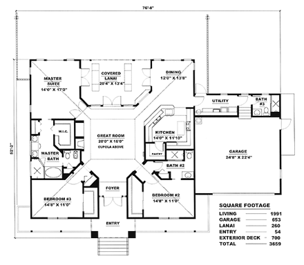 Florida House Plan 60772 with 3 Beds, 3 Baths, 2 Car Garage First Level Plan