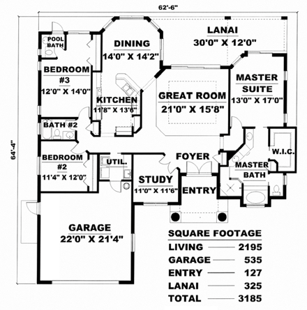 Florida House Plan 60773 with 3 Beds, 3 Baths, 2 Car Garage First Level Plan