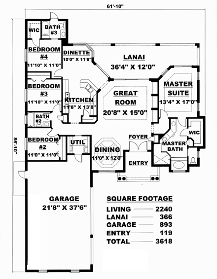 Florida House Plan 60774 with 4 Beds, 3 Baths, 3 Car Garage First Level Plan