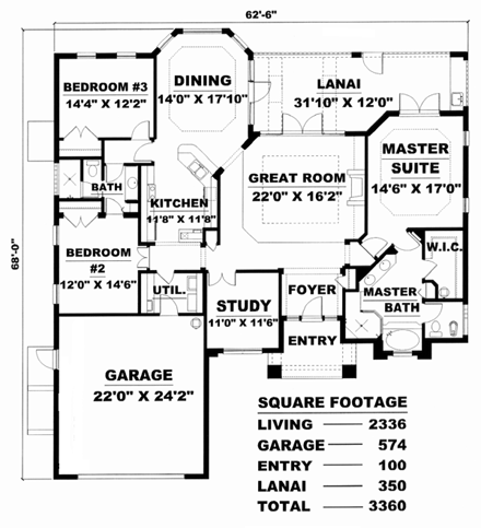 Florida House Plan 60775 with 3 Beds, 3 Baths, 2 Car Garage First Level Plan