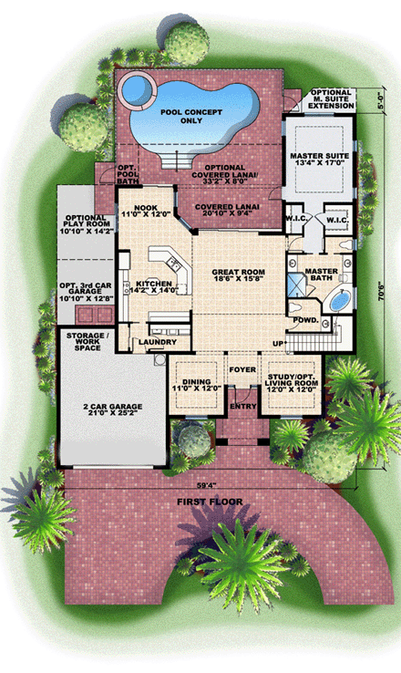 Mediterranean House Plan 60777 with 4 Beds, 4 Baths, 2 Car Garage First Level Plan