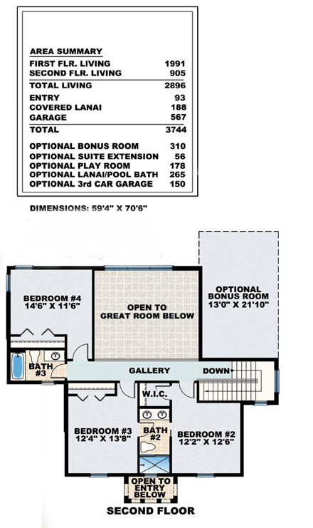 Mediterranean House Plan 60777 with 4 Beds, 4 Baths, 2 Car Garage Second Level Plan