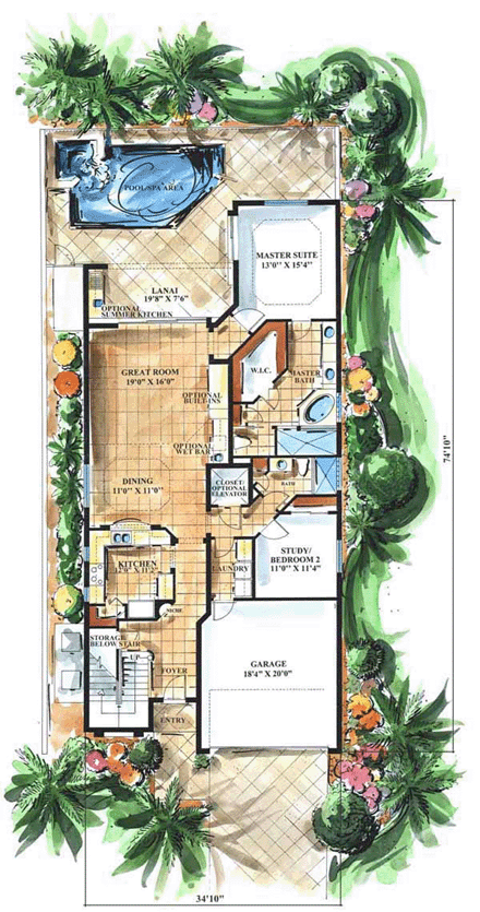 Mediterranean House Plan 60780 with 5 Beds, 4 Baths, 2 Car Garage First Level Plan