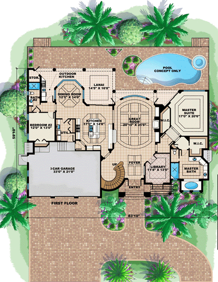 Mediterranean House Plan 60788 with 4 Beds, 4 Baths, 3 Car Garage First Level Plan