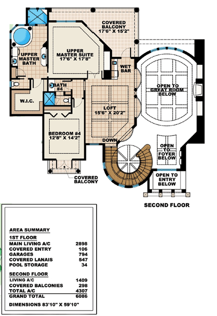 Mediterranean House Plan 60788 with 4 Beds, 4 Baths, 3 Car Garage Second Level Plan