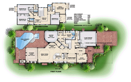 Florida, Mediterranean House Plan 60794 with 4 Beds, 6 Baths, 2 Car Garage First Level Plan