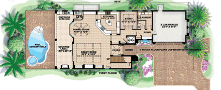 Florida, Mediterranean House Plan 60795 with 3 Beds, 4 Baths, 2 Car Garage First Level Plan
