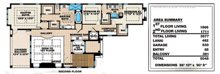 Florida, Mediterranean House Plan 60795 with 3 Beds, 4 Baths, 2 Car Garage Second Level Plan