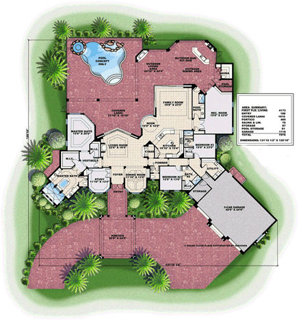 Florida, Mediterranean House Plan 60796 with 3 Beds, 5 Baths, 3 Car Garage First Level Plan