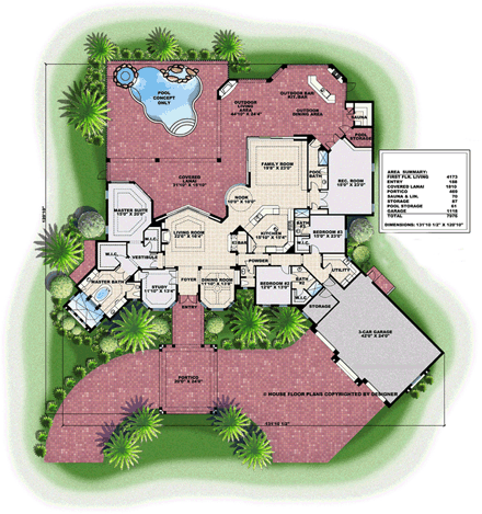 Florida, Mediterranean House Plan 60797 with 3 Beds, 5 Baths, 3 Car Garage First Level Plan