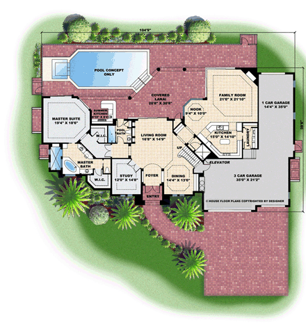 Florida, Mediterranean House Plan 60798 with 4 Beds, 6 Baths, 4 Car Garage First Level Plan