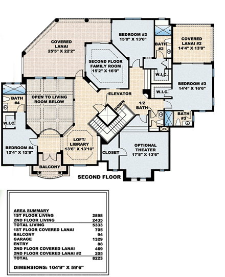 Florida, Mediterranean House Plan 60798 with 4 Beds, 6 Baths, 4 Car Garage Second Level Plan