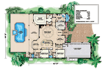 Florida, Mediterranean House Plan 60799 with 3 Beds, 3 Baths, 3 Car Garage First Level Plan