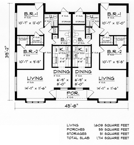 European, Tudor Multi-Family Plan 60808 with 4 Beds, 2 Baths First Level Plan