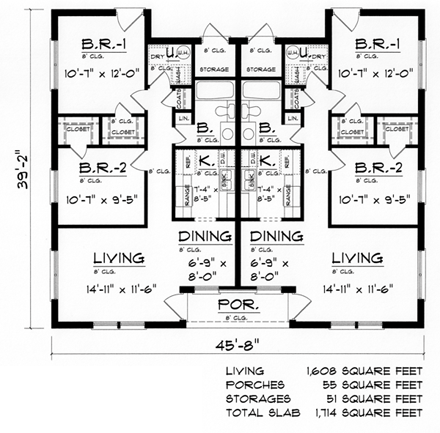 European, Tudor Multi-Family Plan 60809 with 4 Beds, 2 Baths First Level Plan