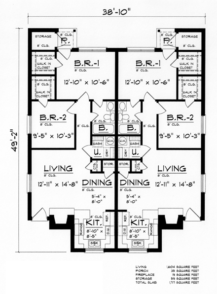 European, Narrow Lot, Tudor Multi-Family Plan 60813 with 4 Beds, 2 Baths First Level Plan
