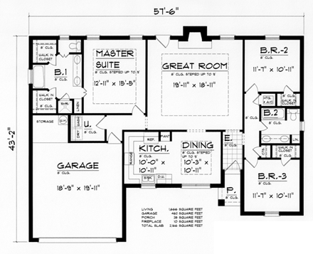 Country, Ranch House Plan 60814 with 3 Beds, 2 Baths, 2 Car Garage First Level Plan