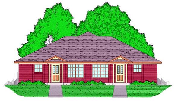Country, Narrow Lot, Ranch, Traditional Multi-Family Plan 60816 with 4 Beds, 4 Baths, 4 Car Garage Elevation