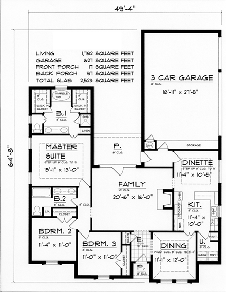 European, Southwest, Traditional House Plan 60818 with 3 Beds, 2 Baths, 3 Car Garage First Level Plan