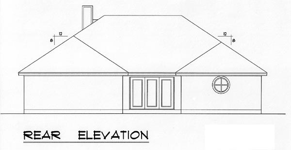 European, Southwest, Traditional Plan with 1782 Sq. Ft., 3 Bedrooms, 2 Bathrooms, 3 Car Garage Rear Elevation