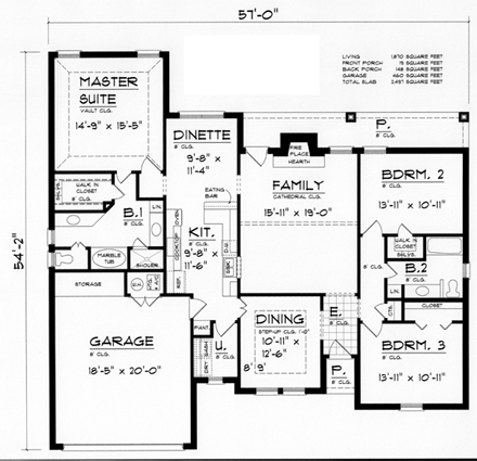 European, Traditional House Plan 60819 with 3 Beds, 2 Baths, 2 Car Garage First Level Plan