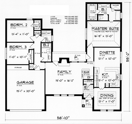 European, Traditional House Plan 60820 with 3 Beds, 2 Baths, 2 Car Garage First Level Plan