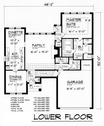 European, Narrow Lot, Traditional House Plan 60821 with 3 Beds, 3 Baths, 2 Car Garage First Level Plan