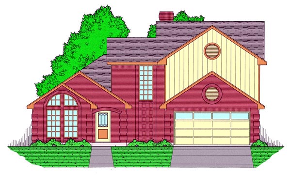 European, Narrow Lot, Traditional Plan with 1912 Sq. Ft., 3 Bedrooms, 3 Bathrooms, 2 Car Garage Elevation