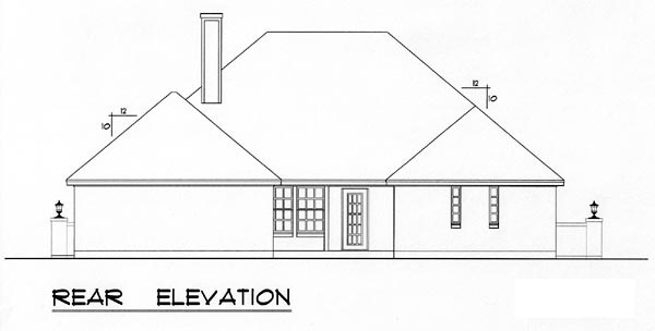 European, Traditional Plan with 1947 Sq. Ft., 3 Bedrooms, 2 Bathrooms, 2 Car Garage Rear Elevation