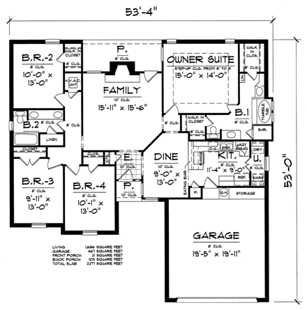 Traditional House Plan 60826 with 4 Beds, 2 Baths, 2 Car Garage First Level Plan