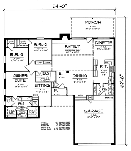 Contemporary House Plan 60828 with 3 Beds, 2 Baths, 2 Car Garage First Level Plan