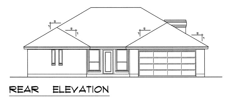 European, Traditional Plan with 1890 Sq. Ft., 3 Bedrooms, 2 Bathrooms, 2 Car Garage Rear Elevation